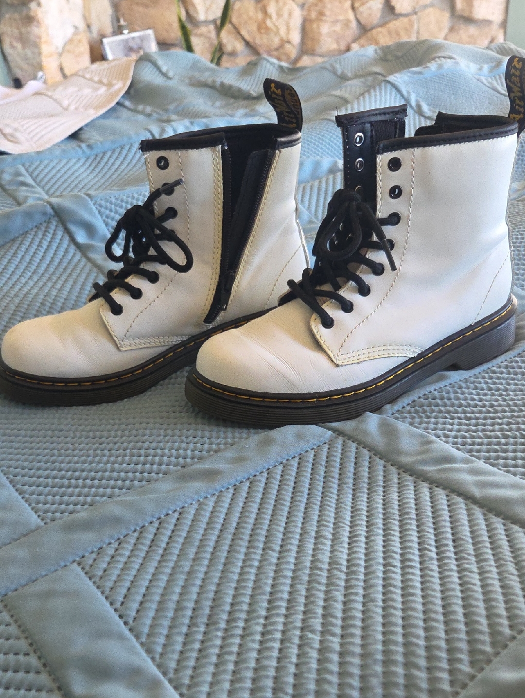 White Lace-Up Combat Boots With Black Trim. Doc Martens